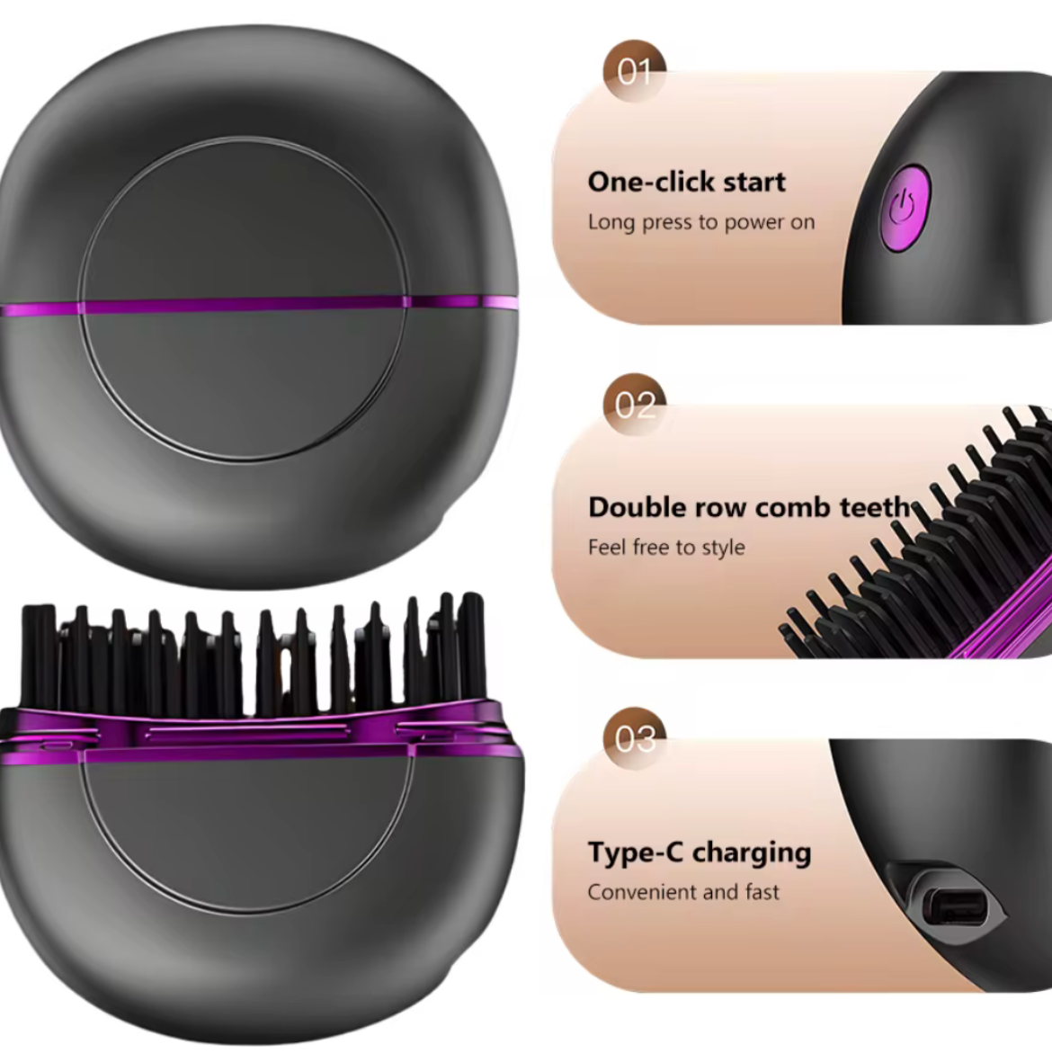 A hairbrush and charging case set shown on a white product panel within a mobile app screenshot. The brush is dark gray/black with purple trim and bristles, and the case is dark gray/black with a purple ring.