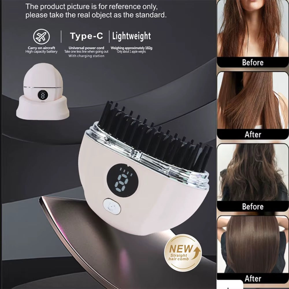 A promotional graphic for a handheld hair comb shown with before/after hair texture comparisons on the right, product features text at the top, and the device itself centered on a dark background.