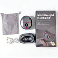 A mini straight hair comb set displayed on a white background, including the gray and black hair comb device with a digital display, its charging case, a gray drawstring pouch, a white USB charging cable, and the product packaging box.