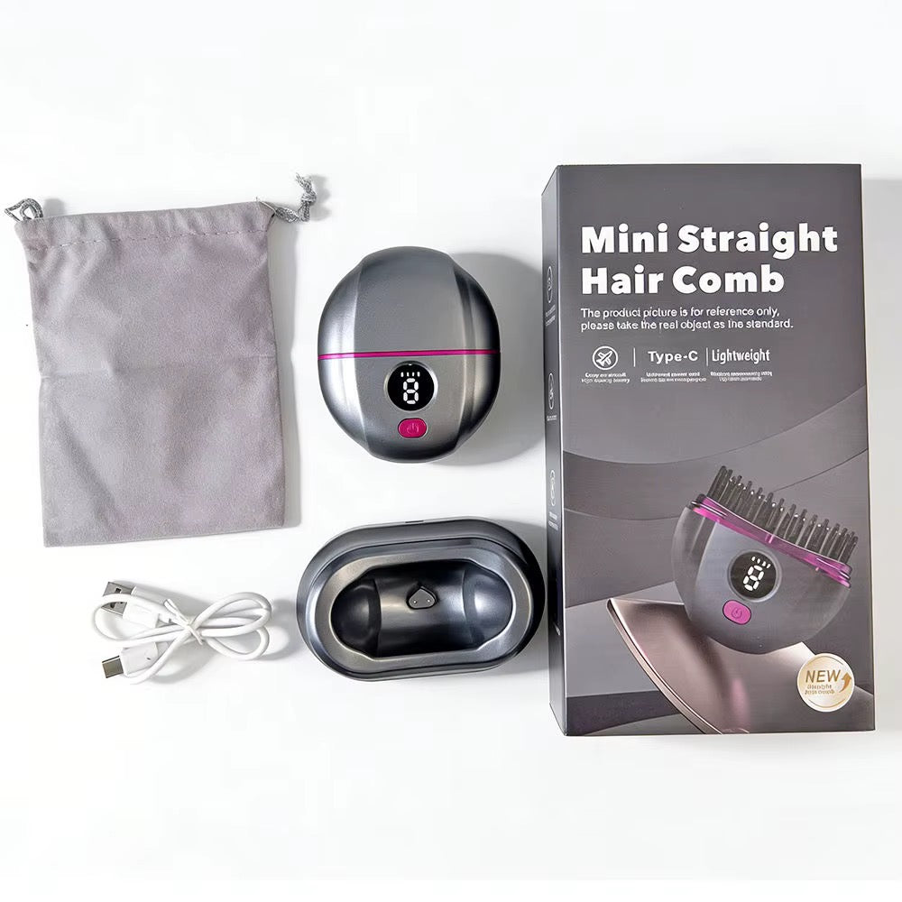 A mini straight hair comb set displayed on a white background, including the gray and black hair comb device with a digital display, its charging case, a gray drawstring pouch, a white USB charging cable, and the product packaging box.